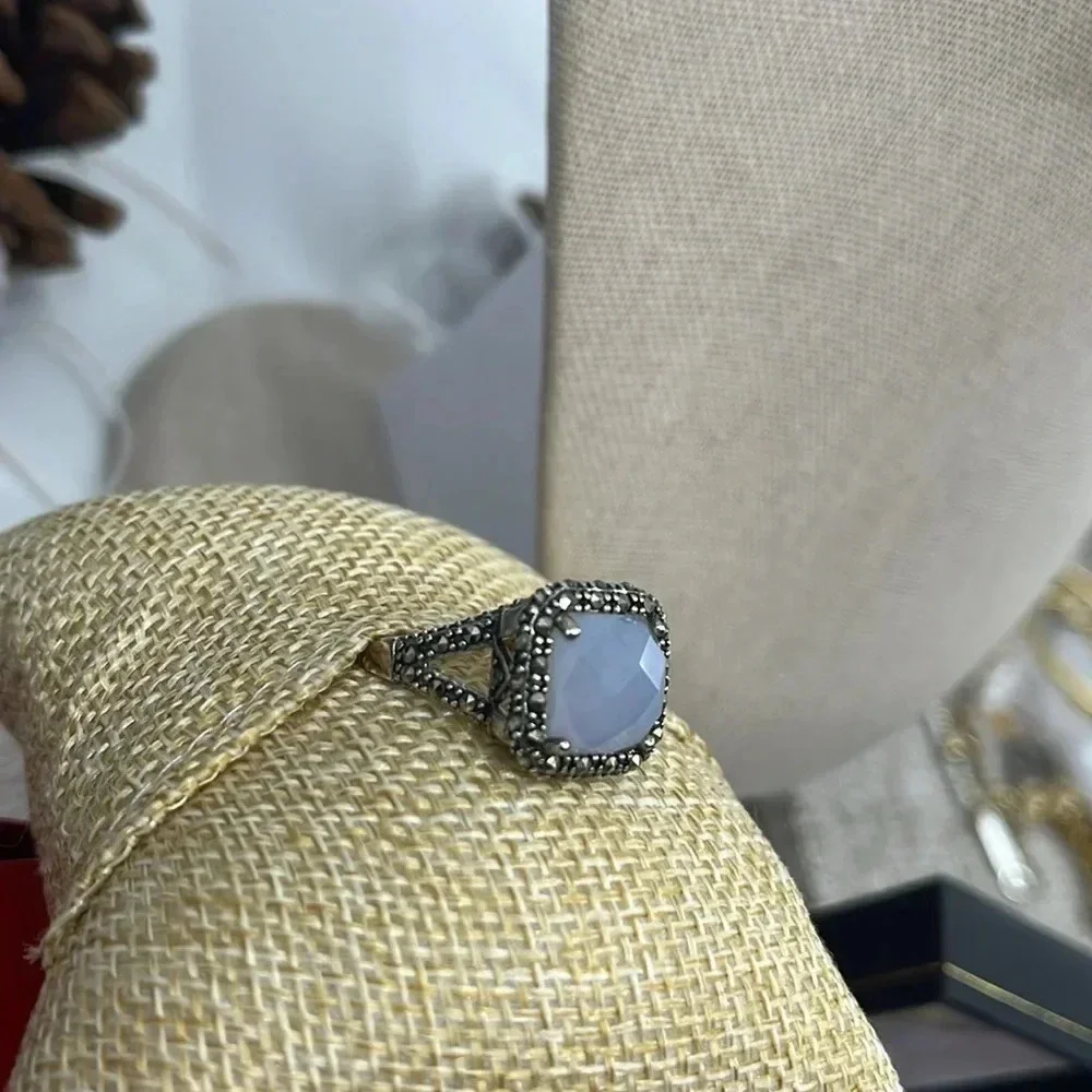 💎 Rare QVC Sterling Silver Gray Chalcedony & Marcasite Ring - Size 7 - Picture 4 of 17